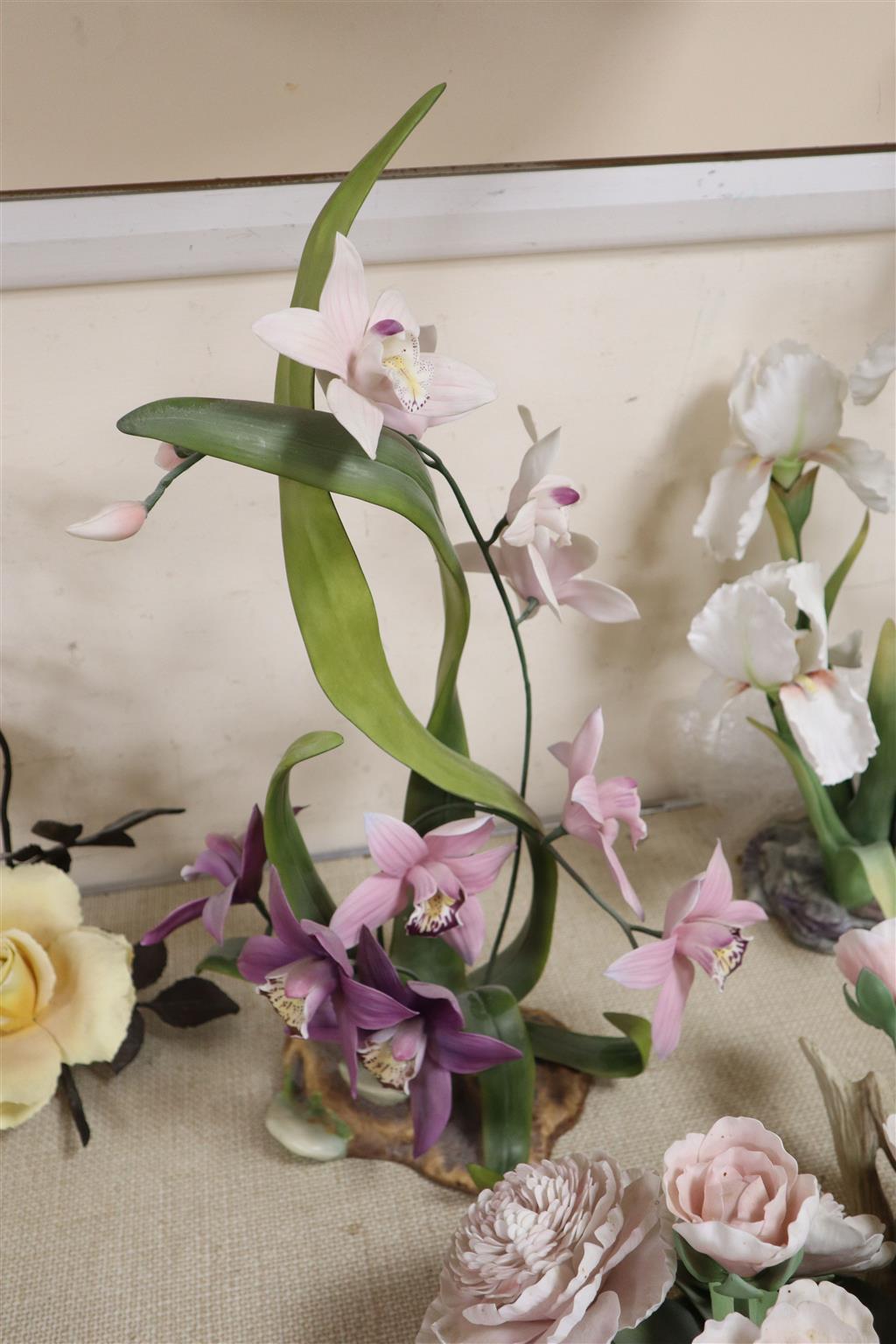 Three Boehm flower groups - no.85 Chrysanthemum and Blossom, Pink Peony centrepiece and Iris silver shower, and a Cymbidium Orchid